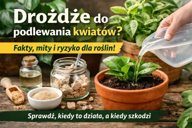 Jak zrobić nawóz z drożdży do kwiatów? Na zdjęciu widać składniki i podlewanie rośliny.